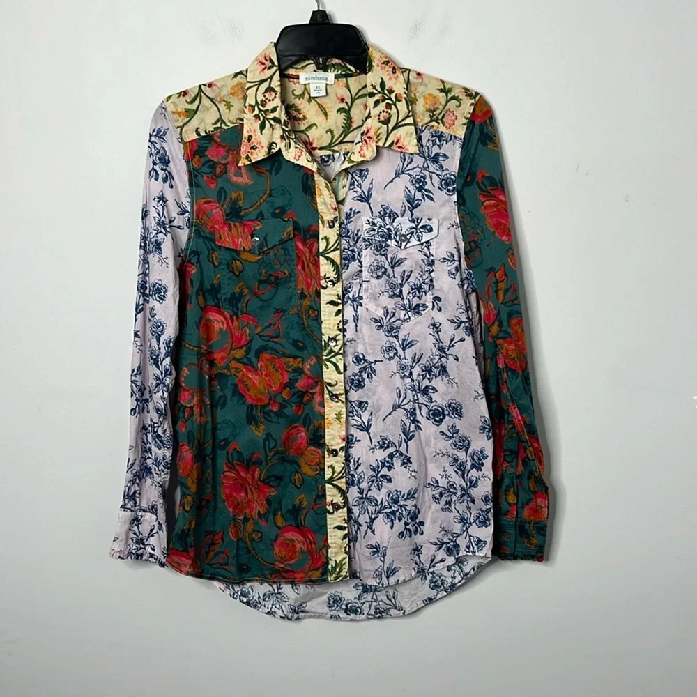 Sundance Floral Ease Patchwork Button Down Long S… - image 2